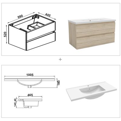Ensemble meuble de salle de bain avec tiroirs 100cm, vasque céramique et LED miroir, chêne