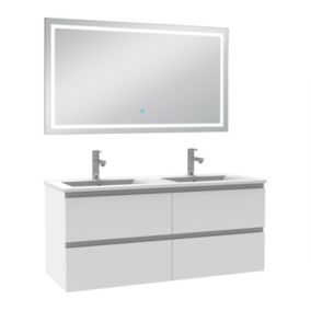 Ensemble meuble de salle de bain avec tiroirs 120cm, vasque céramique et LED miroir, blanc