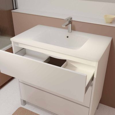 Ensemble Meuble de salle de bain blanc 80 cm sur pied 3 tiroirs + vasque ceramique blanche + miroir