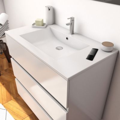 Ensemble Meuble de salle de bain blanc 80 cm sur pied 3 tiroirs + vasque ceramique blanche + miroir