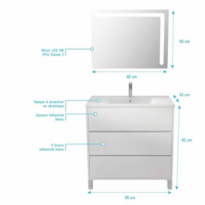 Ensemble Meuble de salle de bain blanc 80 cm sur pied 3 tiroirs + vasque ceramique blanche + miroir