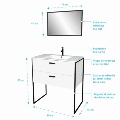 Ensemble meuble de salle de bain - Blanc avec pieds style industriel - 2 tiroirs - vasque blanche