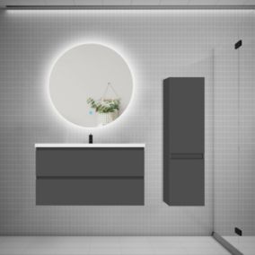 Ensemble meuble de salle de bain et lavabo anthracite (L.100cm) 2 tiroirs + meuble haut + lavabo + miroir rond LED