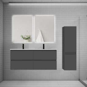 Ensemble meuble de salle de bain et lavabo anthracite (L.120cm) 4 tiroirs + meuble haut + lavabo + miroir LED x2