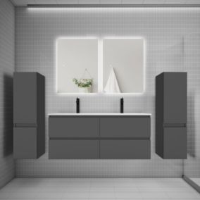 Ensemble meuble de salle de bain et lavabo anthracite (L.120cm) 4 tiroirs + meuble haut x2 + lavabo + miroir LED x2