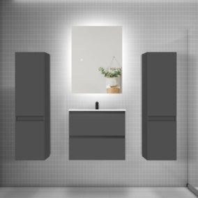 Ensemble meuble de salle de bain et lavabo anthracite ( L.60 cm) 2 tiroirs + meuble haut x2 + lavabo + miroir LED