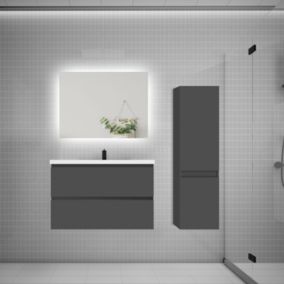 Ensemble meuble de salle de bain et lavabo anthracite (L.80cm) 2 tiroirs + meuble haut + lavabo + miroir LED