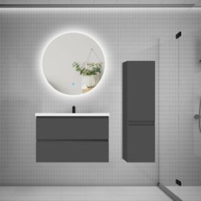 Ensemble meuble de salle de bain et lavabo anthracite (L.80cm) 2 tiroirs + meuble haut + lavabo + miroir rond LED