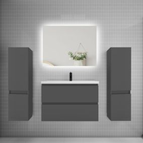 Ensemble meuble de salle de bain et lavabo anthracite (L.80cm) 2 tiroirs + meuble haut x2 + lavabo + miroir LED