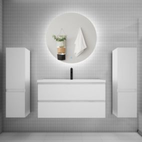 Ensemble meuble de salle de bain et lavabo blanc (L.100cm) 2 tiroirs + meuble haut x2 + lavabo + miroir rond LED