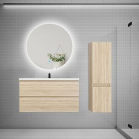 Ensemble meuble de salle de bain et lavabo chêne (L.100cm) 2 tiroirs + meuble haut + lavabo + miroir rond LED