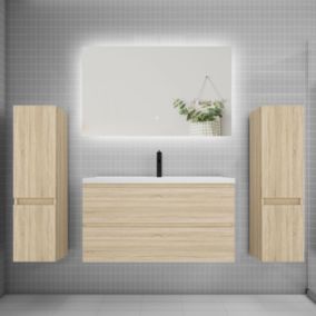 Ensemble meuble de salle de bain et lavabo chêne (L.100cm) 2 tiroirs + meuble haut x2 + lavabo + miroir LED