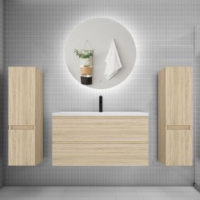 Ensemble meuble de salle de bain et lavabo chêne (L.100cm) 2 tiroirs + meuble haut x2 + lavabo + miroir rond LED