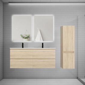 Ensemble meuble de salle de bain et lavabo chêne (L.120cm) 4 tiroirs + meuble haut + lavabo + miroir LED x2