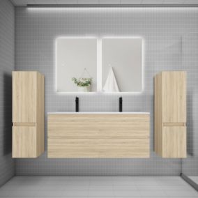 Ensemble meuble de salle de bain et lavabo chêne (L.120cm) 4 tiroirs + meuble haut x2 + lavabo + miroir LED x2