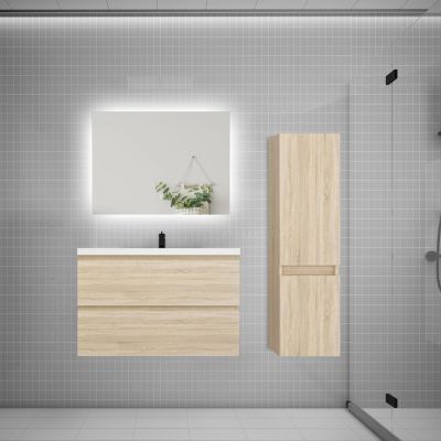 Ensemble meuble de salle de bain et lavabo chêne (L.80cm) 2 tiroirs + meuble haut + lavabo + miroir LED