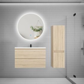 Ensemble meuble de salle de bain et lavabo chêne (L.80cm) 2 tiroirs + meuble haut + lavabo + miroir rond LED