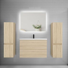 Ensemble meuble de salle de bain et lavabo chêne (L.80cm) 2 tiroirs + meuble haut x2 + lavabo + miroir LED