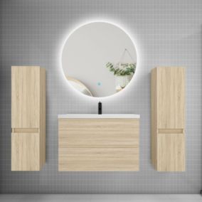 Ensemble meuble de salle de bain et lavabo chêne (L.80cm) 2 tiroirs + meuble haut x2 + lavabo + miroir rond LED