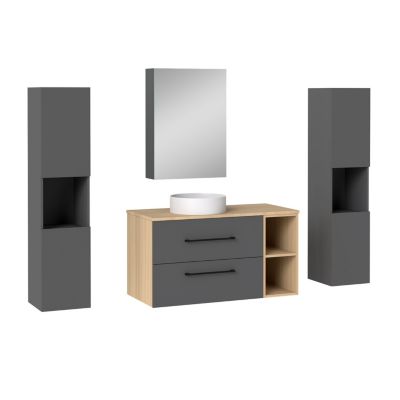 Ensemble meuble de Salle de Bain Suspendu 100cm avec lavabo à poser + 2 Colonnes + Armoire salle de bain avec miroir