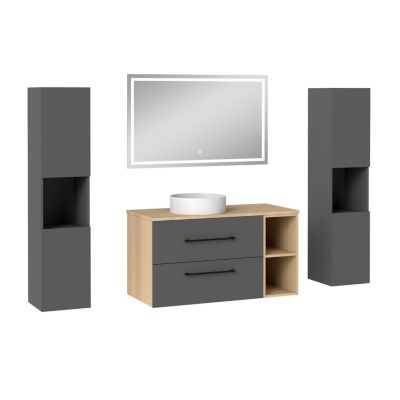 Ensemble meuble de Salle de Bain Suspendu 100cm avec lavabo à poser + 2 Colonnes + Miroir LED Dimmable