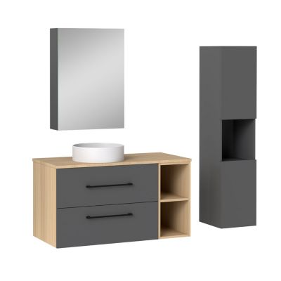 Ensemble meuble de Salle de Bain Suspendu 100cm avec lavabo à poser + Colonne + Armoire salle de bain avec miroir