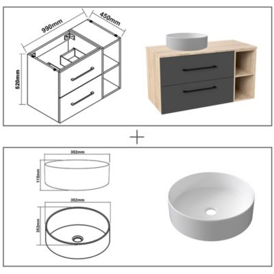 Ensemble meuble de Salle de Bain Suspendu 100cm avec lavabo à poser + Colonne + Armoire salle de bain avec miroir
