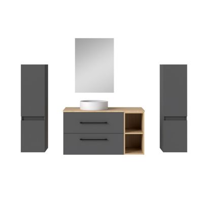 Ensemble meuble de Salle de Bain Suspendu 100cm avec vasque à poser + 2 Colonnes + Armoire salle de bain avec miroir