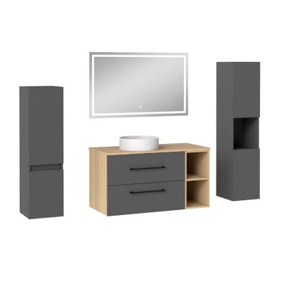 Ensemble meuble de Salle de Bain Suspendu 100cm avec vasque à poser + 2 Colonnes + Miroir LED Dimmable, Anthracite + Chêne