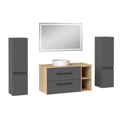 Ensemble meuble de Salle de Bain Suspendu 100cm avec vasque à poser + 2 Colonnes + Miroir LED Dimmable