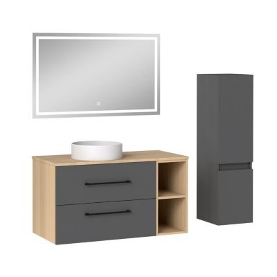 Ensemble meuble de Salle de Bain Suspendu 100cm avec vasque à poser + Colonne + Miroir LED Dimmable