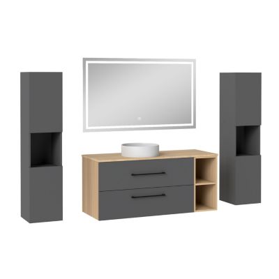 Ensemble meuble de Salle de Bain Suspendu 120cm avec lavabo à poser + 2 Colonnes + Miroir LED Dimmable