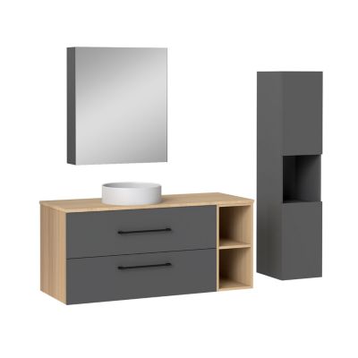 Ensemble meuble de Salle de Bain Suspendu 120cm avec lavabo à poser + Colonne + Armoire salle de bain avec miroir