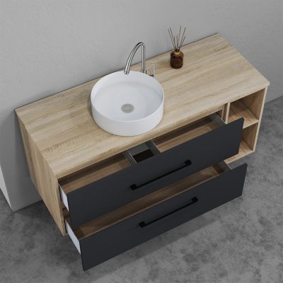Ensemble meuble de Salle de Bain Suspendu 120cm avec lavabo à poser + Colonne + Armoire salle de bain avec miroir
