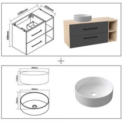 Ensemble meuble de Salle de Bain Suspendu 120cm avec lavabo à poser + Colonne + Armoire salle de bain avec miroir