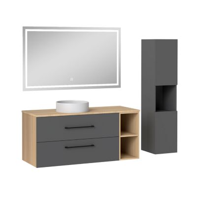 Ensemble meuble de Salle de Bain Suspendu 120cm avec lavabo à poser + Colonne + Miroir LED Dimmable