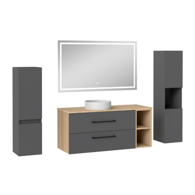 Ensemble meuble de Salle de Bain Suspendu 120cm avec vasque à poser + 2 Colonnes + Miroir LED Dimmable, Anthracite + Chêne