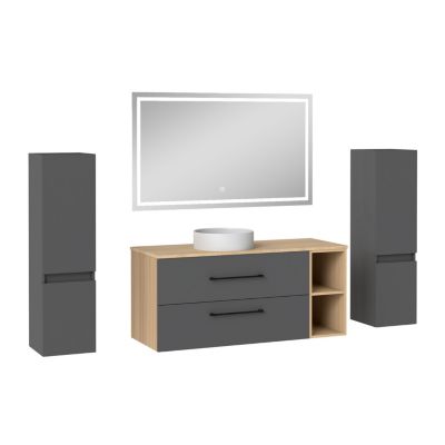 Ensemble meuble de Salle de Bain Suspendu 120cm avec vasque à poser + 2 Colonnes + Miroir LED Dimmable