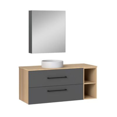 Ensemble meuble de Salle de Bain Suspendu 120cm avec vasque à poser + 2 Rangements Ouverts, Armoire salle de bain avec miroir