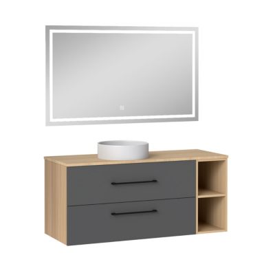 Ensemble meuble de Salle de Bain Suspendu 120cm avec vasque à poser + 2 Rangements Ouverts, Miroir LED Dimmable