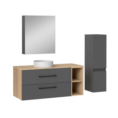 Ensemble meuble de Salle de Bain Suspendu 120cm avec vasque à poser + Colonne + Armoire salle de bain avec miroir