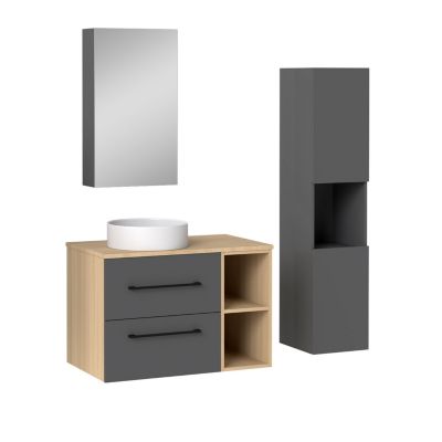 Ensemble meuble de Salle de Bain Suspendu 80cm avec lavabo à poser + Colonne + Armoire salle de bain avec miroir