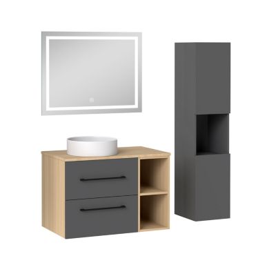 Ensemble meuble de Salle de Bain Suspendu 80cm avec lavabo à poser + Colonne + Miroir LED Dimmable