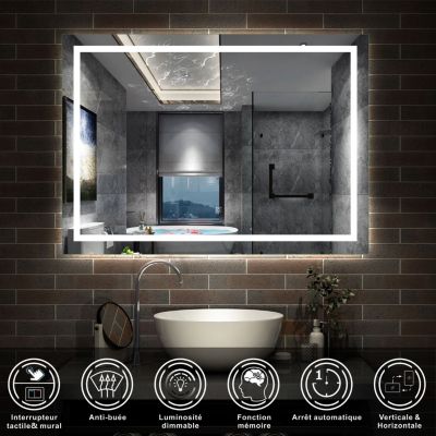 Ensemble meuble de Salle de Bain Suspendu 80cm avec lavabo à poser + Colonne + Miroir LED Dimmable