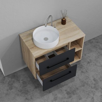 Ensemble meuble de Salle de Bain Suspendu 80cm avec lavabo à poser + Colonne + Miroir LED Dimmable