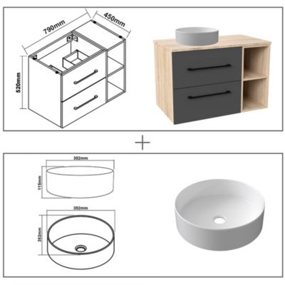 Ensemble meuble de Salle de Bain Suspendu 80cm avec lavabo à poser + Colonne + Miroir LED Dimmable