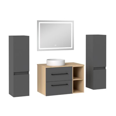 Ensemble meuble de Salle de Bain Suspendu 80cm avec vasque à poser + 2 Colonnes + Miroir LED Dimmable