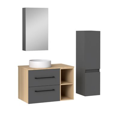 Ensemble meuble de Salle de Bain Suspendu 80cm avec vasque à poser + Colonne + Armoire salle de bain avec miroir