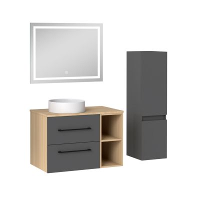 Ensemble meuble de Salle de Bain Suspendu 80cm avec vasque à poser + Colonne + Miroir LED Dimmable