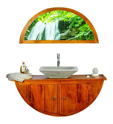 Ensemble meuble de salle de bain suspendu en teck 120 cm avec miroir et vasque grise